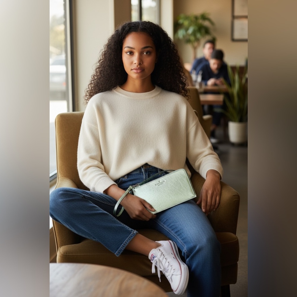 Kate Spade Medium Lzip Metallic Seawater Leather Wristlet NWT